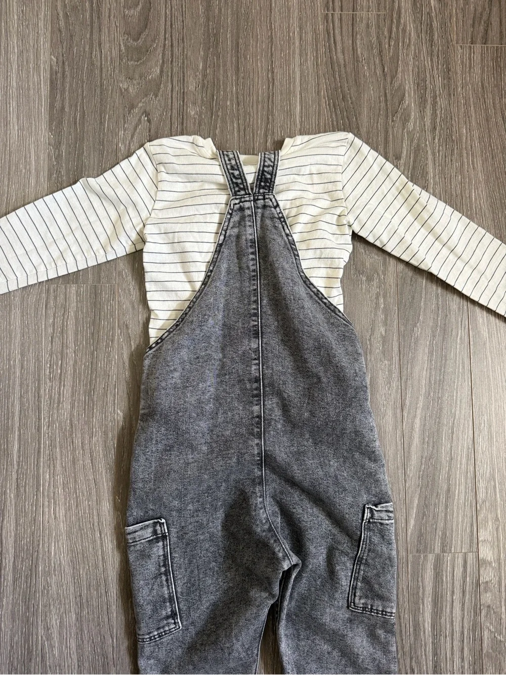 H&M Black & White Striped Top with Acid-Wash Denim Overalls
